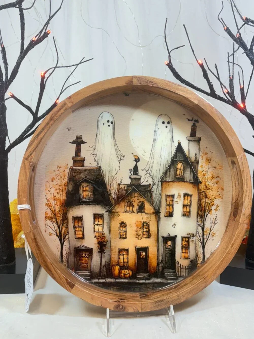 Acacia Wood Round Halloween Ghost & Haunted House 14” Handle Serving Tray